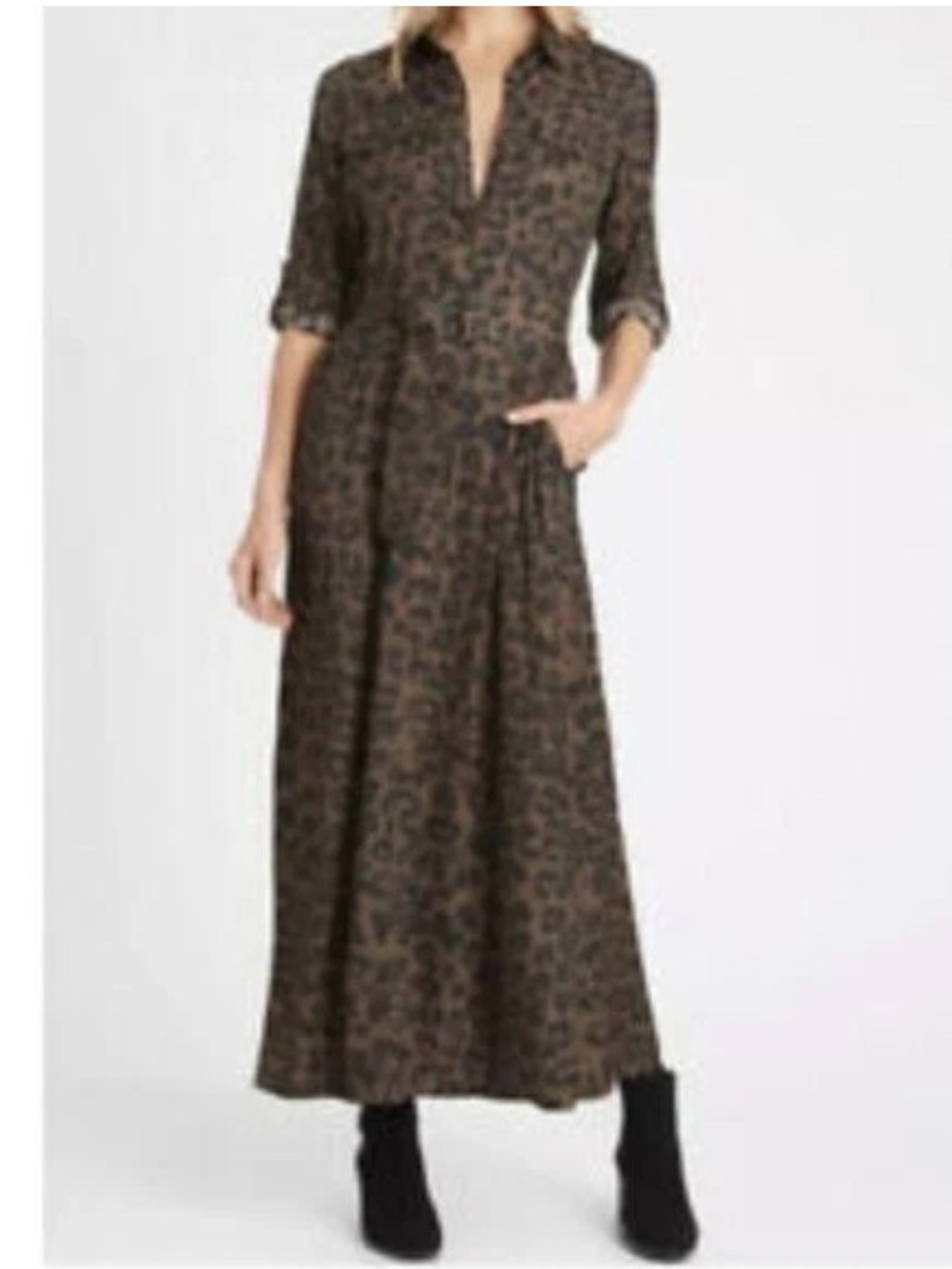 Banana Republic $238 NWOT Brown Leopard-Print Shirt Maxi Dress S